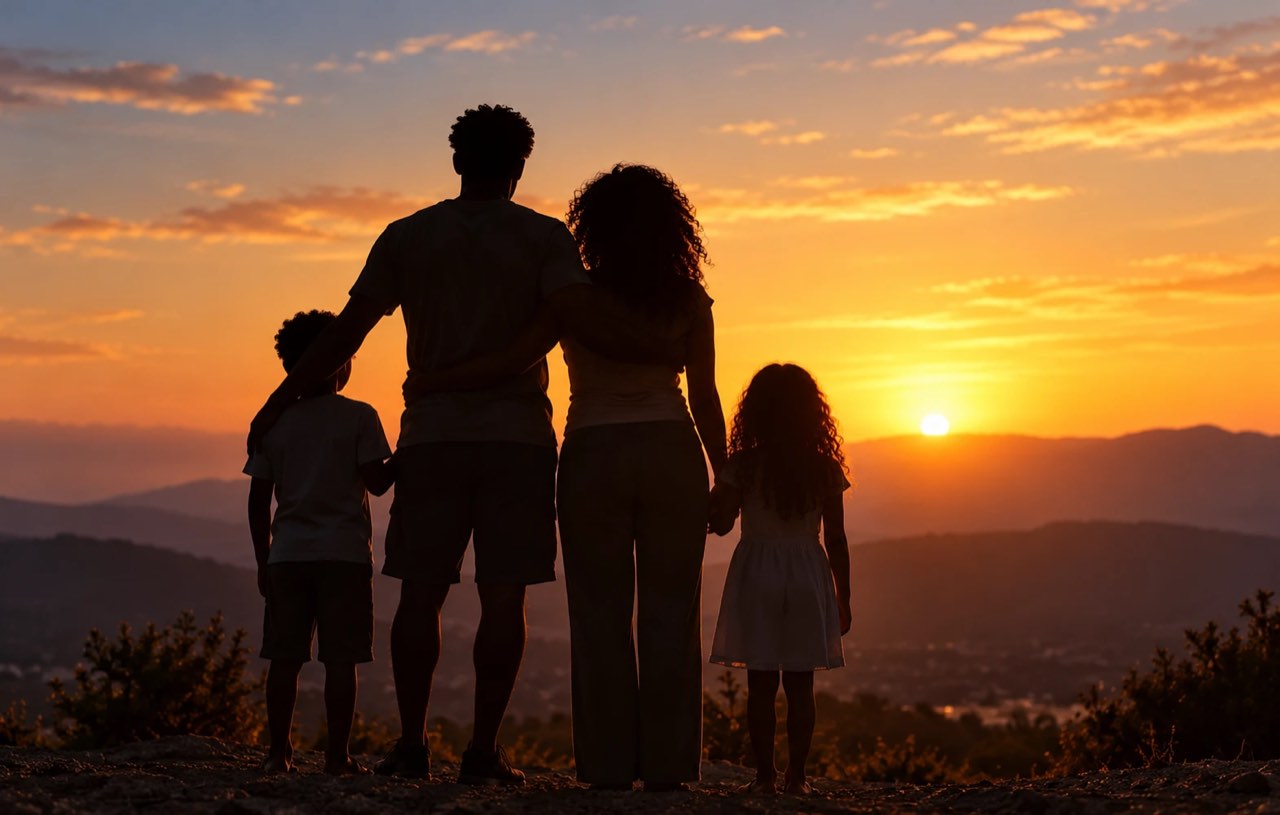 A family standing together on a hilltop, watching the sun set over the mountains
