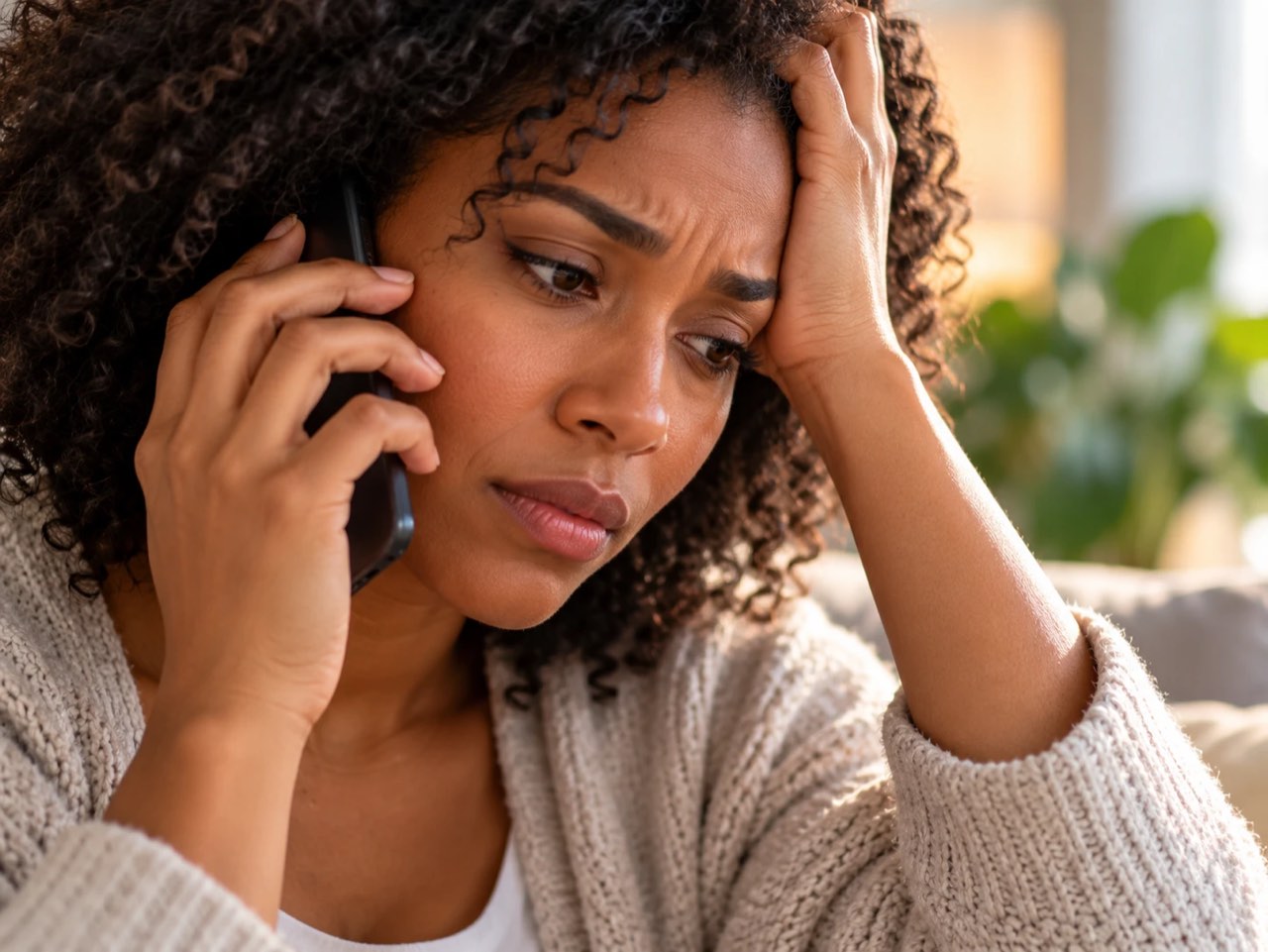 A woman on the phone, one hand on her forehead, reaching out for help