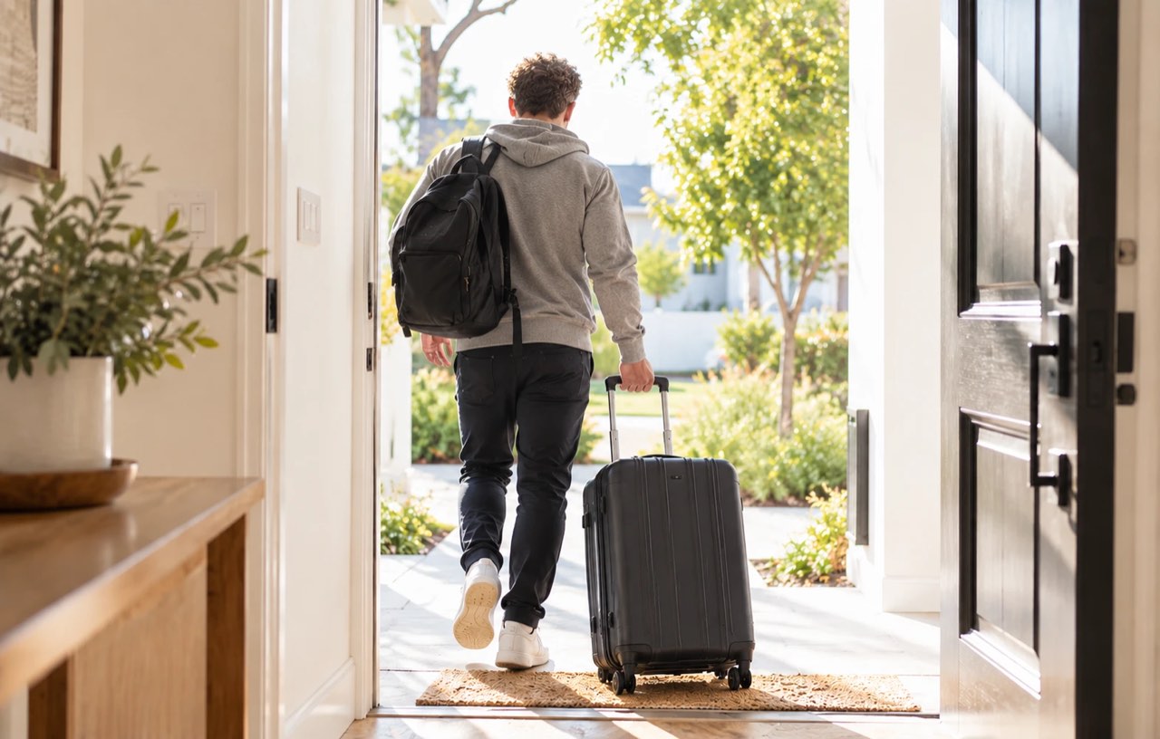 A man with a backpack and suitcase stepping out the front door into the sunshine