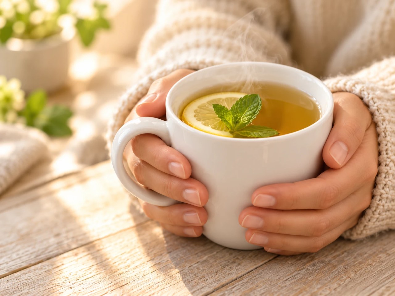 Two hands holding a warm cup of tea with lemon and mint